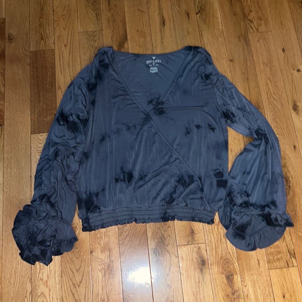 AEO Soft & Sexy Dark Blue-Gray Ruffle Bell Sleeve Top